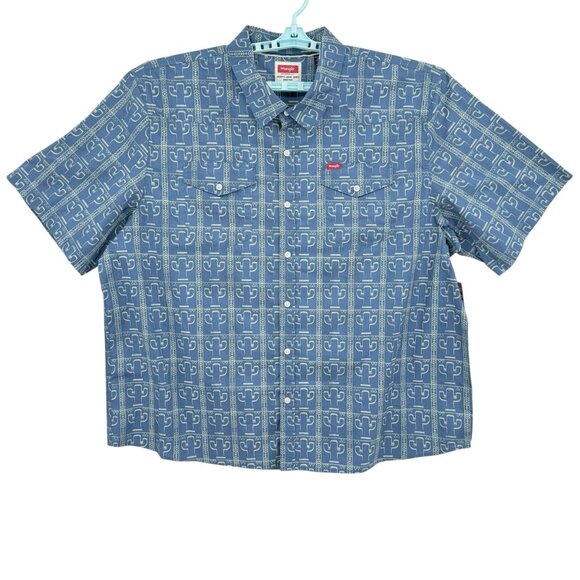 Wrangler Men's Cowboy Short Sleeve Button-up Cactus Print Blue Shirt Size 3XL NW - Picture 1 of 10